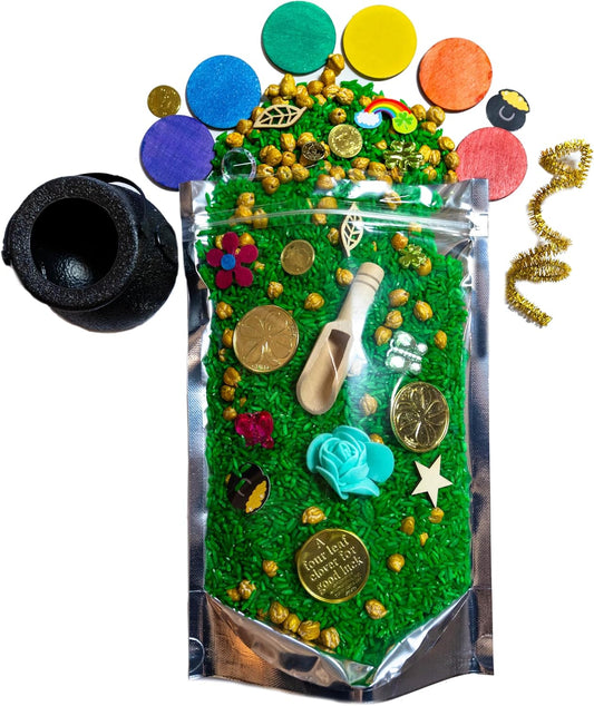 St Patrick's Day Sensory Bin, Sensory Bins, Play Therapy, Sensory Motor Aids, Sensory Bin Filler, Sensory Rice, Colored Rice, Sensory Table Toys, St. Patrick Day Cauldron