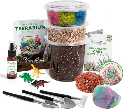 Creations by Nathalie – DIY Large Terrarium Starter Kit with Soil, Moss, Pebbles, Healing Crystal, Tools & Supplies – Terrarium Kit for Adults & Teens, Handcrafted in USA