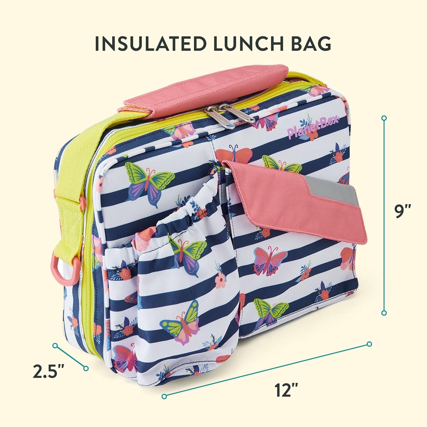 PlanetBox Rover Stainless Steel Bento Box Style Lunch Box Kit for Youth with 5 Compartments – Butterflies Edition includes Insulated Lunch Bag, Leakproof Food Containers & Matching Magnets