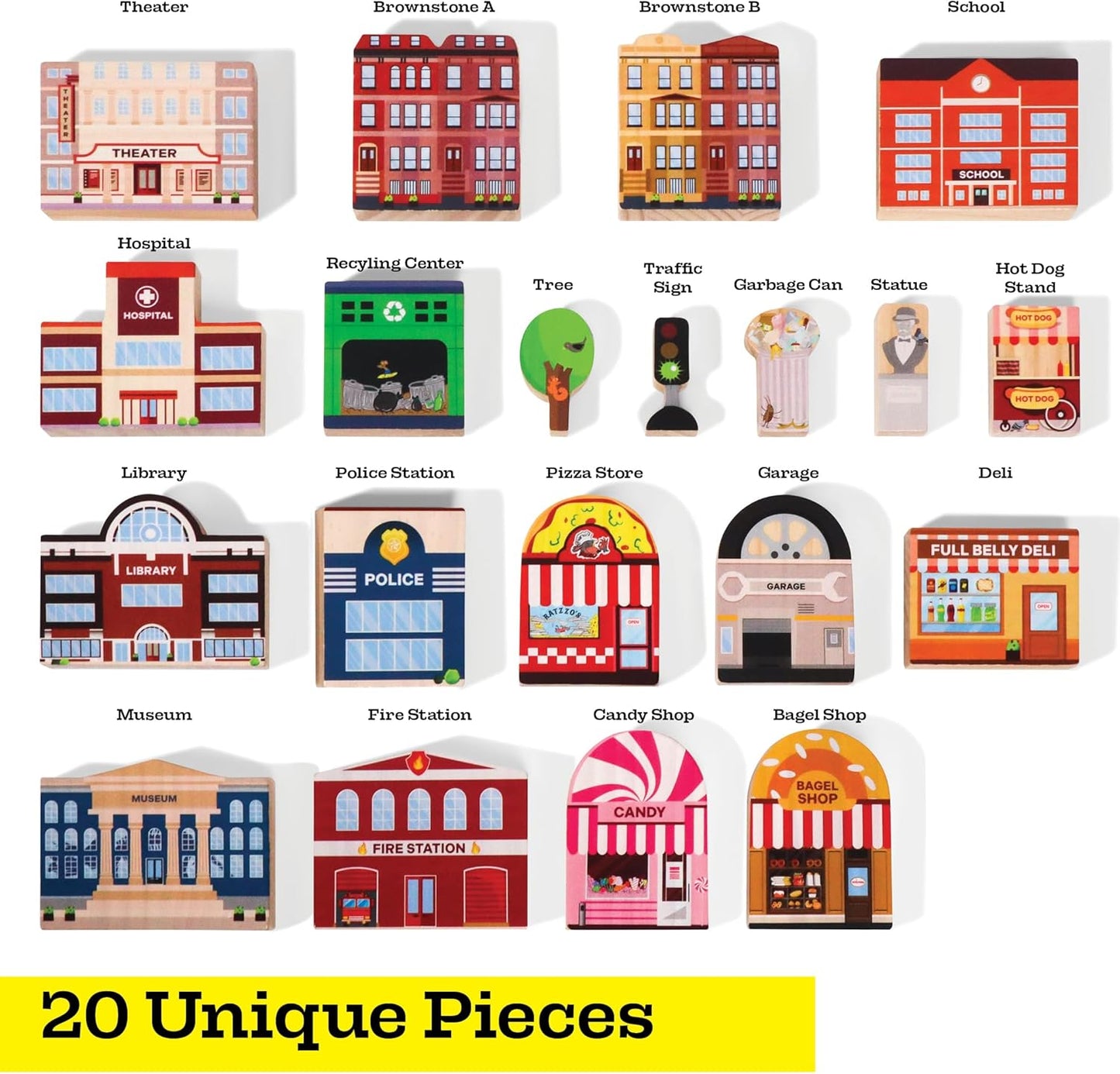 20 Pc Wooden City Play Set - Wooden Town Buildings and Street Signs for Play Mats, Toy Cars and Trains - Educational Preschool Track Accessories - Community Helpers Stacking Blocks Learning Toddler