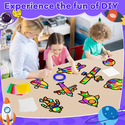 32 Sets Outer Space Suncatchers Craft Kit DIY Window Stained Glass Effect Planet Astronaut Alien Paper Crafts Home School Classroom Decoration Kid Birthday Gift Creative Art Project Activity Game - Colors A
