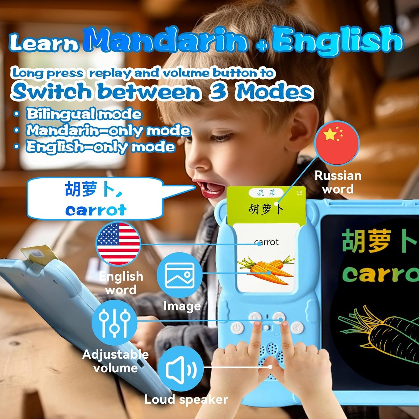 Talking English & Spanish Flash Cards - 8" LCD Writing Tablet for Kids 3-12, Bilingual 510 Sight Words, Toddler Pocket Speech, Drawing Sketch Pad, Autism Toys for Boys (Spanish, Blue)