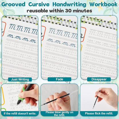 gisgfim 4 Pack Grooved Cursive Handwriting Workbook Kit Magic Reusable Grooved Handwriting Practice with Disappearing Ink Pens Cursive Workbook for Kids Number Poems Jokes & Riddles Inspiring Quotes