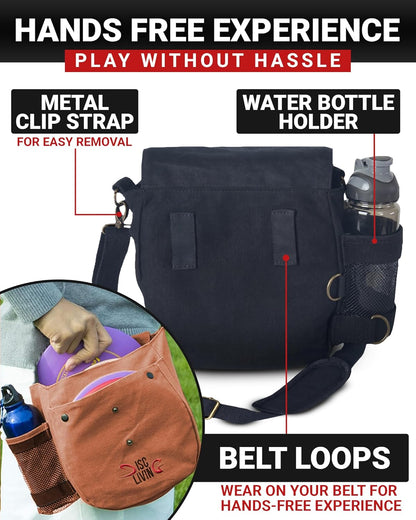 Disc Golf Bag | Frisbee Golf Bag | Easy to Carry | Lightweight Fits Up to 10 Discs | 16 oz Waxed Canvas Sturdy Design | Belt Loop | Double Button Design | Bottle Holder