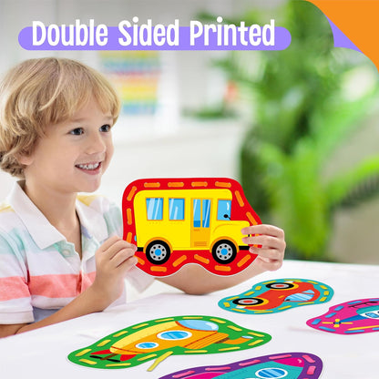 SpriteGru 9 Pieces Kids Lacing Cards, Double Sided Sewing Cards in 9 Vehicle Cards with 9 Colorful Laces, Imagination Development Lacing Toys Games for Children Educational and Learning Activity