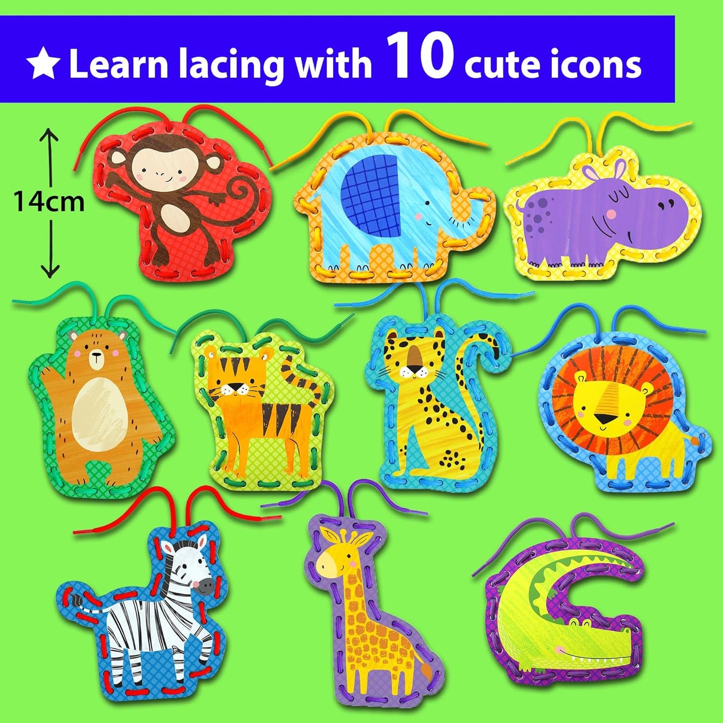 KRAFUN My First Lacing Cards Kit for Toddlers & Kids Age 3+, 10 Safari Animal Arts & Crafts Projects, Fine Motor Skills Toys with Lion Monkey Elephant Tiger Giraffe Hippo Zebra Bear