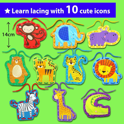 KRAFUN My First Lacing Cards Kit for Toddlers & Kids Age 3+, 10 Safari Animal Arts & Crafts Projects, Fine Motor Skills Toys with Lion Monkey Elephant Tiger Giraffe Hippo Zebra Bear