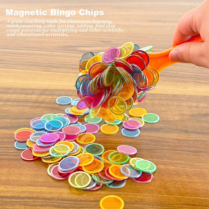 SEETOOOGAMES Magnetic Bingo Chips Counters - 300 Pieces Transparent Counting Game Chips - Clear Plastic Math Markers for Classroom - 19mm Mixed Color