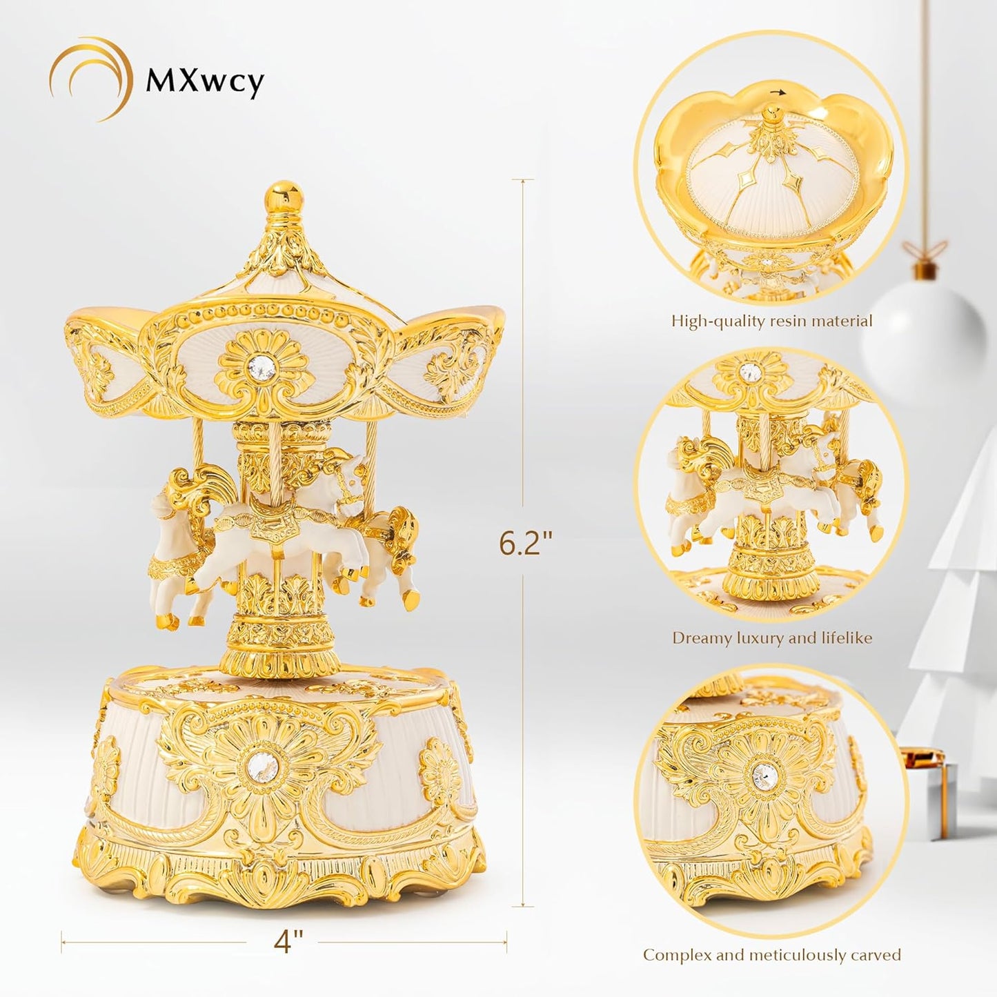 Carousel Music Box Gold & Ivory Christmas Snow Globes, 8.3" Rotate Carousel Snow Globe for Kids & Adults, Classic Wind up Musical Snow Globe Birthday Gifts for Women Girls, Carousel Horse Home Decor