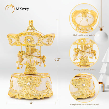 Carousel Music Box Gold & Ivory Christmas Snow Globes, 8.3" Rotate Carousel Snow Globe for Kids & Adults, Classic Wind up Musical Snow Globe Birthday Gifts for Women Girls, Carousel Horse Home Decor