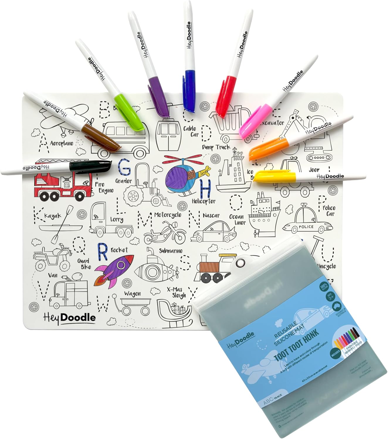 HeyDoodle Into The Wild Classic Doodle Mat – Reusable Silicone Alphabet Coloring Mat for Toddlers and Kids – Educational Animal Activity Pad with 9 Markers – Mess-Free Travel Toy – Ages 3-7