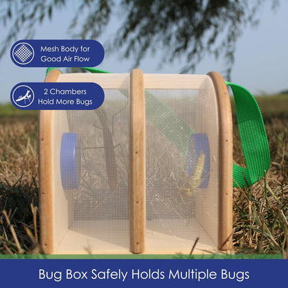 Wooden Bug Box for Kids, Dual Chamber Insect Habitat with Nylon Carrying Strap