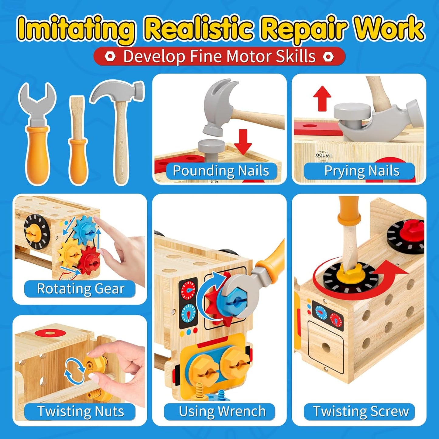 Lehoo Castle Kids Tool Set with Toolbox, Wooden Toys for 3 4 5 Years Old Boy Birthday Gift, Construction Play Tools, STEM Learning Toys for Preschooler, Pretend Play Gifts for Christmas