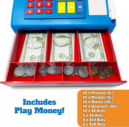 Dr. STEM Toys Solar Powered Calculator Pretend Cash Register with Play Money – 67-Piece Set for Learning Math Skills, STEM Cash Register for Kids (Gray)