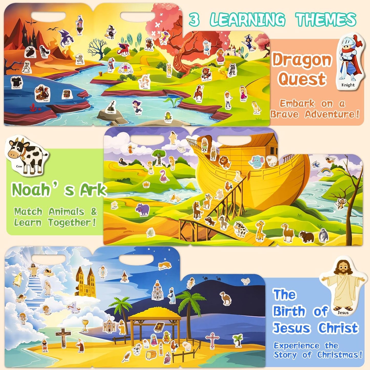 Reusable Sticker Books for Toddlers 1-3, Puffy Stickers Book for Kids Ages 2-4, Toddler Travel Activities Book Toy for Birthday Christmas - Christianity Jesus, Noah's Ark, Fairy Tales(3 Set)