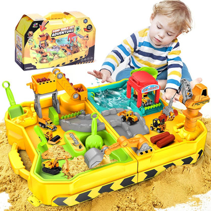 Construction Sand Kit with Foldable Sandbox Case - 1.1lbs Sensory Play Sand, 4 Alloy Trucks & Molds - Mess-Free Travel Beach Toys for Toddlers 3-5, Portable Dry-Wet Separation Design