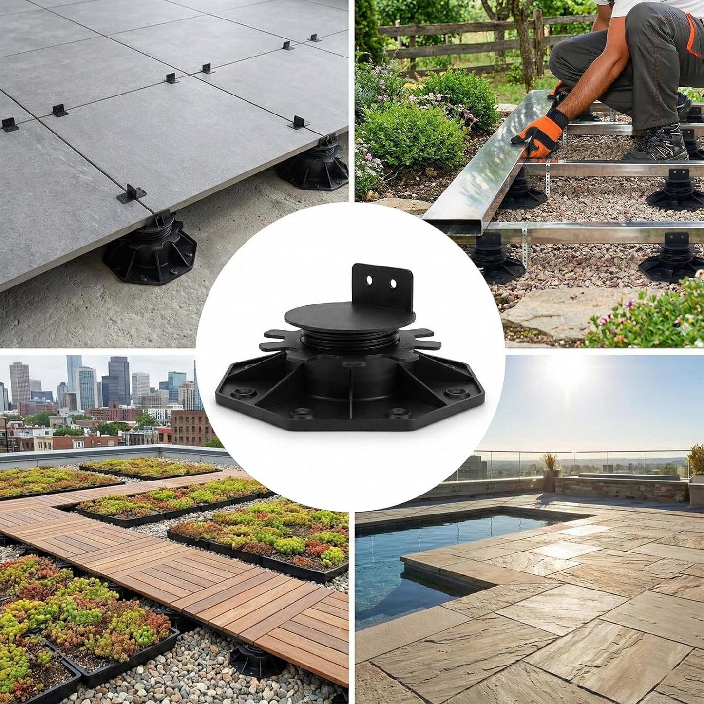 10-Pack Adjustable Deck Support Pedestal for Floating Deck Platform, Height Adjustment Range from 1-3/16" to 2-3/8", Black, Durable Deck Blocks, Easy Installation, Versatile Use