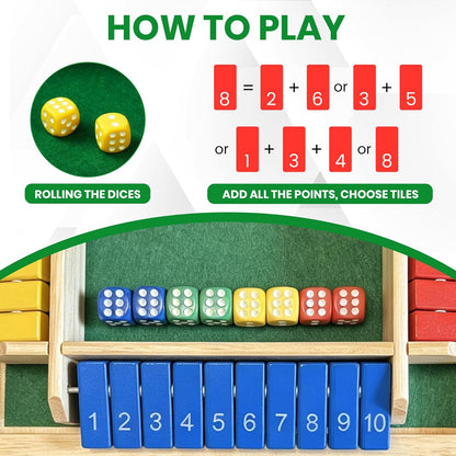 Shut The Box Dice Game for 2-4 Players, Wooden Board Tabletop Math and Strategy Game with 8 Dice and Velvet Storage Bag, Classic Family Board Game for Home, Party or Pub, Brown