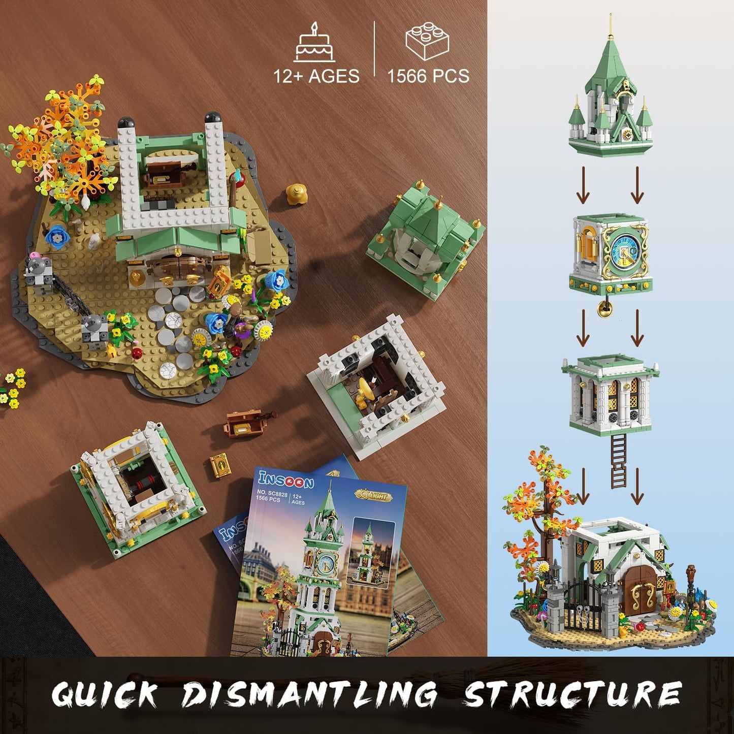 INSOON Magic Clock Tower Building Set with Light, 1566 PCS Big Medieval Castle House Construction Model with Owl & Garden, Home Decor Building Block Kit, Gift for Mothers Adults Teens Boys Girls 12+
