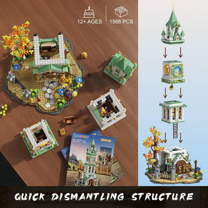 INSOON Magic Clock Tower Building Set with Light, 1566 PCS Big Medieval Castle House Construction Model with Owl & Garden, Home Decor Building Block Kit, Gift for Mothers Adults Teens Boys Girls 12+