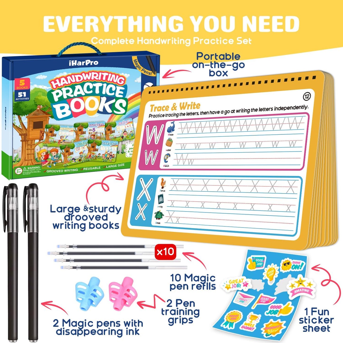 Magic Grooved Writing Practice for Kids Ages 3-8 – Large 11.2"x7.5" Reusable Handwriting Workbook (5 Books) – Preschool Learning Activities, Kindergarten Educational Tracing Toys for Boys & Girls