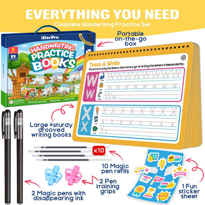 Magic Grooved Writing Practice for Kids Ages 3-8 – Large 11.2"x7.5" Reusable Handwriting Workbook (5 Books) – Preschool Learning Activities, Kindergarten Educational Tracing Toys for Boys & Girls