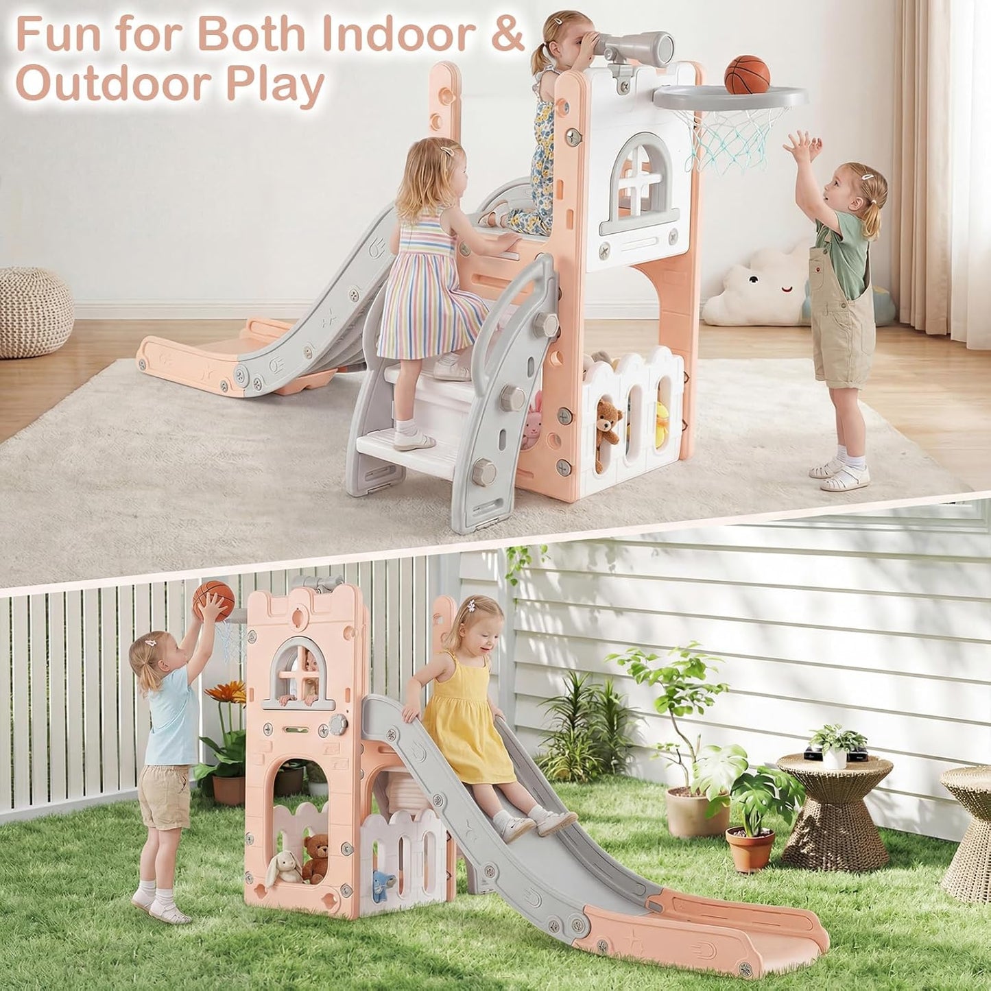 OLAKIDS Toddler Slide and Swing Set, 7 in 1 Kids Indoor Outdoor Playground with Climber Basketball Hoop Telescope Toy Storage for Boys Girls Aged 1+ (Grey)