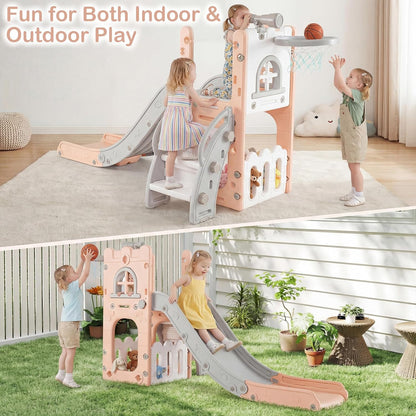 OLAKIDS Toddler Slide and Swing Set, 7 in 1 Kids Indoor Outdoor Playground with Climber Basketball Hoop Telescope Toy Storage for Boys Girls Aged 1+ (Grey)