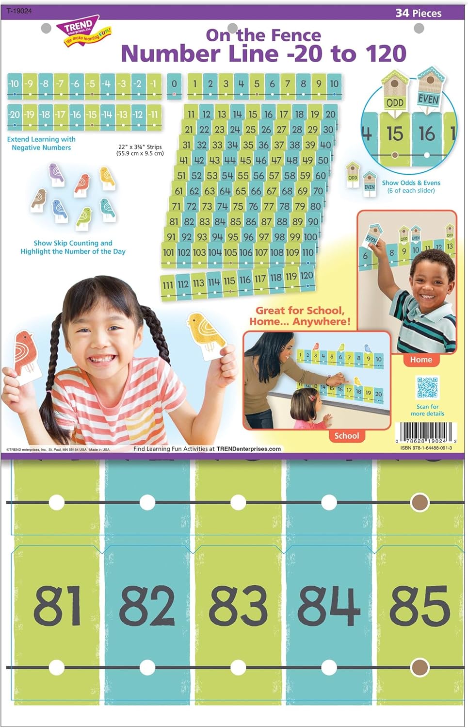On the Fence Number Line -20 to 120 Learning Set by TREND, 34 pcs. to teach counting & early math concepts
