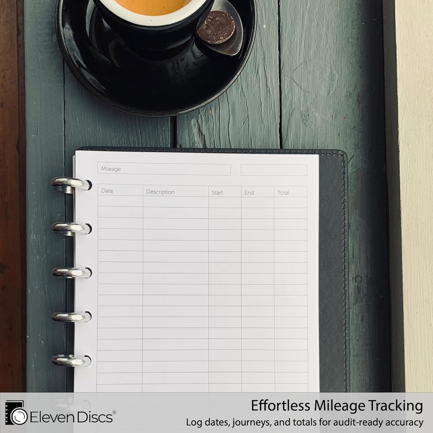 Eleven Discs Discbound Paper, Junior Size Mileage Log Sheets - Premium 120gsm Heavyweight Notebook & Planner Refills - 8 Discs, 5.5 x 8.5 in - Punched for Circa, Arc, TUL (50 Sheets)