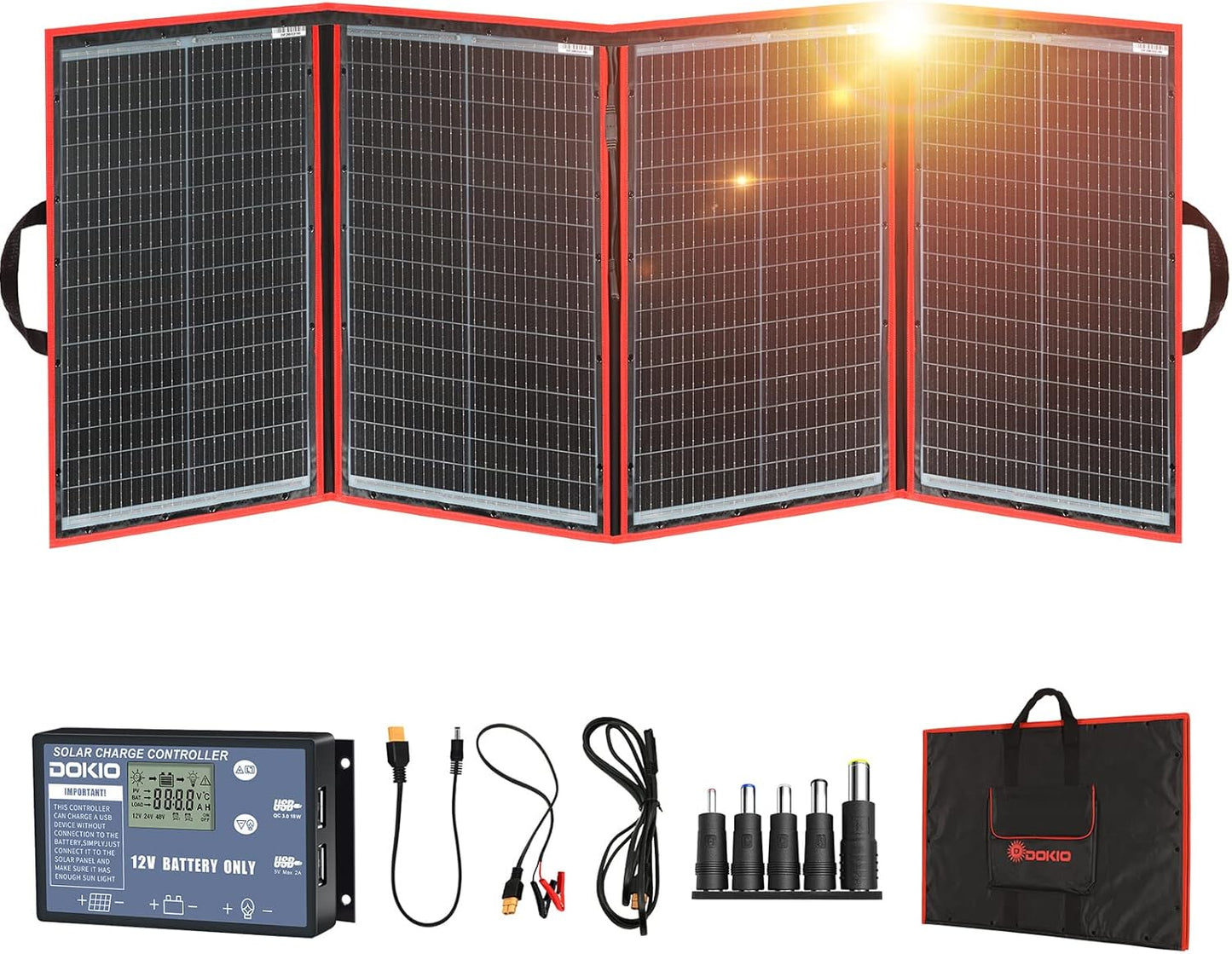 DOKIO 100W Portable Foldable Solar Panel Kit, Compact 18.9x26in Design 5.3lb with Standalone Controller and USB, Monocrystalline Charger for 12V Batteries, Power Stations, RV Camping Emergency Use