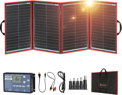 DOKIO 100W Portable Foldable Solar Panel Kit, Compact 18.9x26in Design 5.3lb with Standalone Controller and USB, Monocrystalline Charger for 12V Batteries, Power Stations, RV Camping Emergency Use