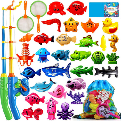 CozyBomB™ Magnetic Fishing Toys Game Set for Kids | Water Table Bathtub Kiddie Pool Party Pole Rod Net, Outdoor Plastic Floating Fish, Toddler Bath Color Ocean Sea Animals Birthday Gift Age 3-5 6 4-8