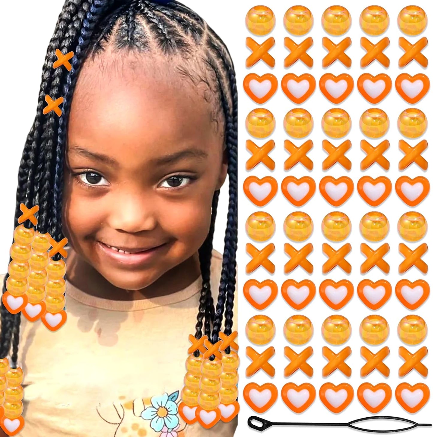 60PCS Pink White Hair Beads for Braids Three Styles Cute Loc Beads Heart Shape Bead for Kids Dreadlock AB Color Round Pony Bead Accessories
