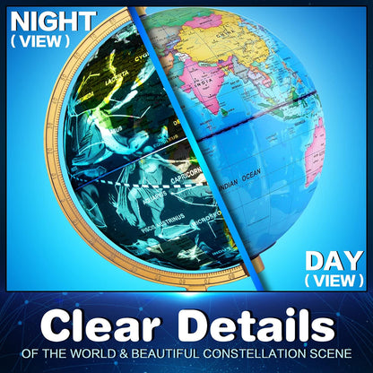 TTKTK Illuminated World Globe for Kids & Adults All Ages with Wooden Stand 7 in 1- Night View Stars Map Constellation Globe with Detailed Colorful World,Built-in LED Bulb, Educational Gift