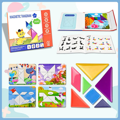 Tangram Magnetic Pattern Board with 30 Theme Pages & 368 Solutions Patterns Booklet, Magnet Games for Kids Ages 4-8 with Portable Box, Tangram Magnetic Pattern Board, Magnet Games for Kids Ages 4-8