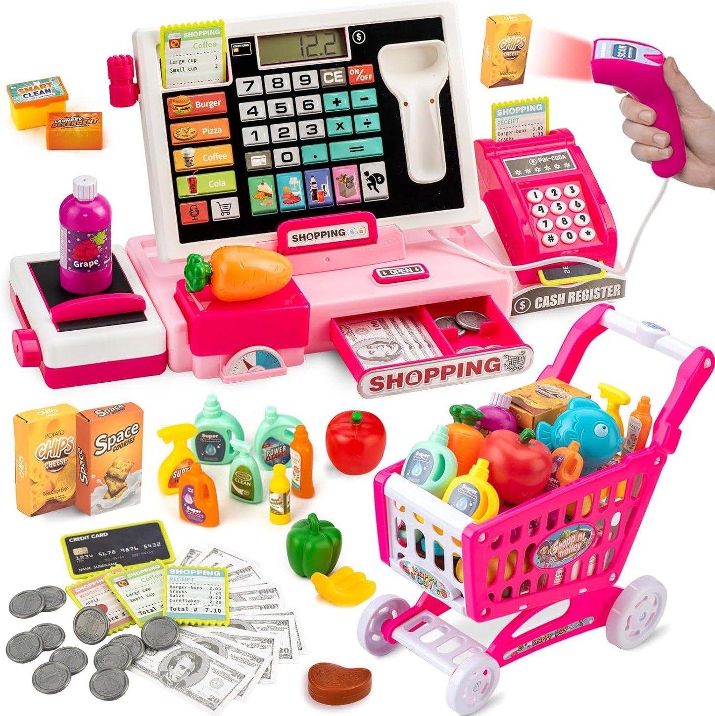 Cash Register for Kids Real Calculator Kids Cash Register with Scanner Toy for 3 4 5 6 7 8 Year Old Boy Pretend Play Store with Music / Food / Shopping Cart Learning Toys Gifts for Boys Ages 4-8