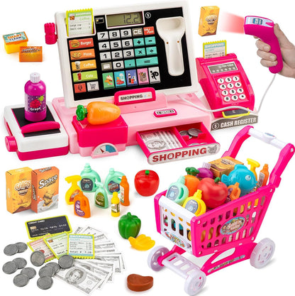 Cash Register for Kids Real Calculator Kids Cash Register with Scanner Toy for 3 4 5 6 7 8 Year Old Boy Pretend Play Store with Music / Food / Shopping Cart Learning Toys Gifts for Boys Ages 4-8