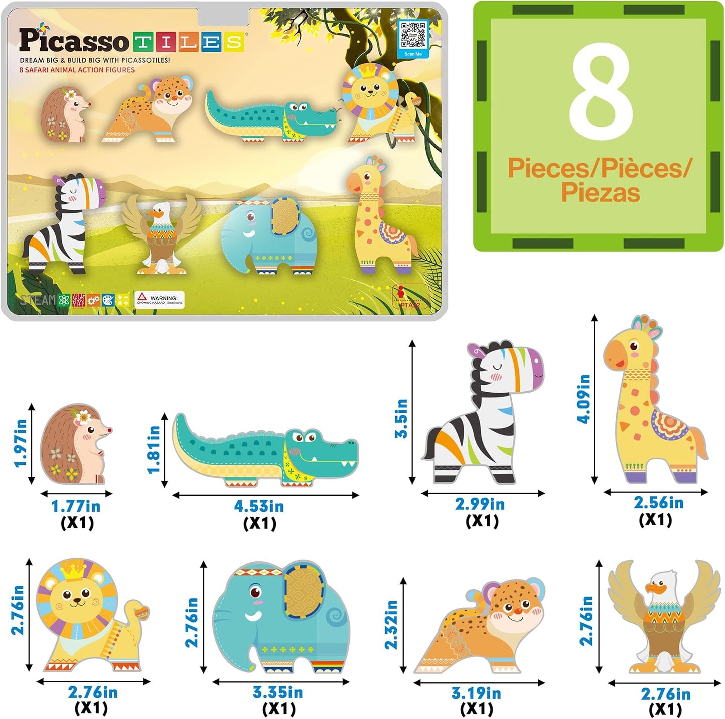 PicassoTiles Magnetic Tile Building Blocks Add On 8 Magnetized Action Figures Construction Vehicles & Zoo Animal Theme Compatible with Magnet Tiles Sets STEM Learning Toy for Boys & Girls Age 3+ PTA21
