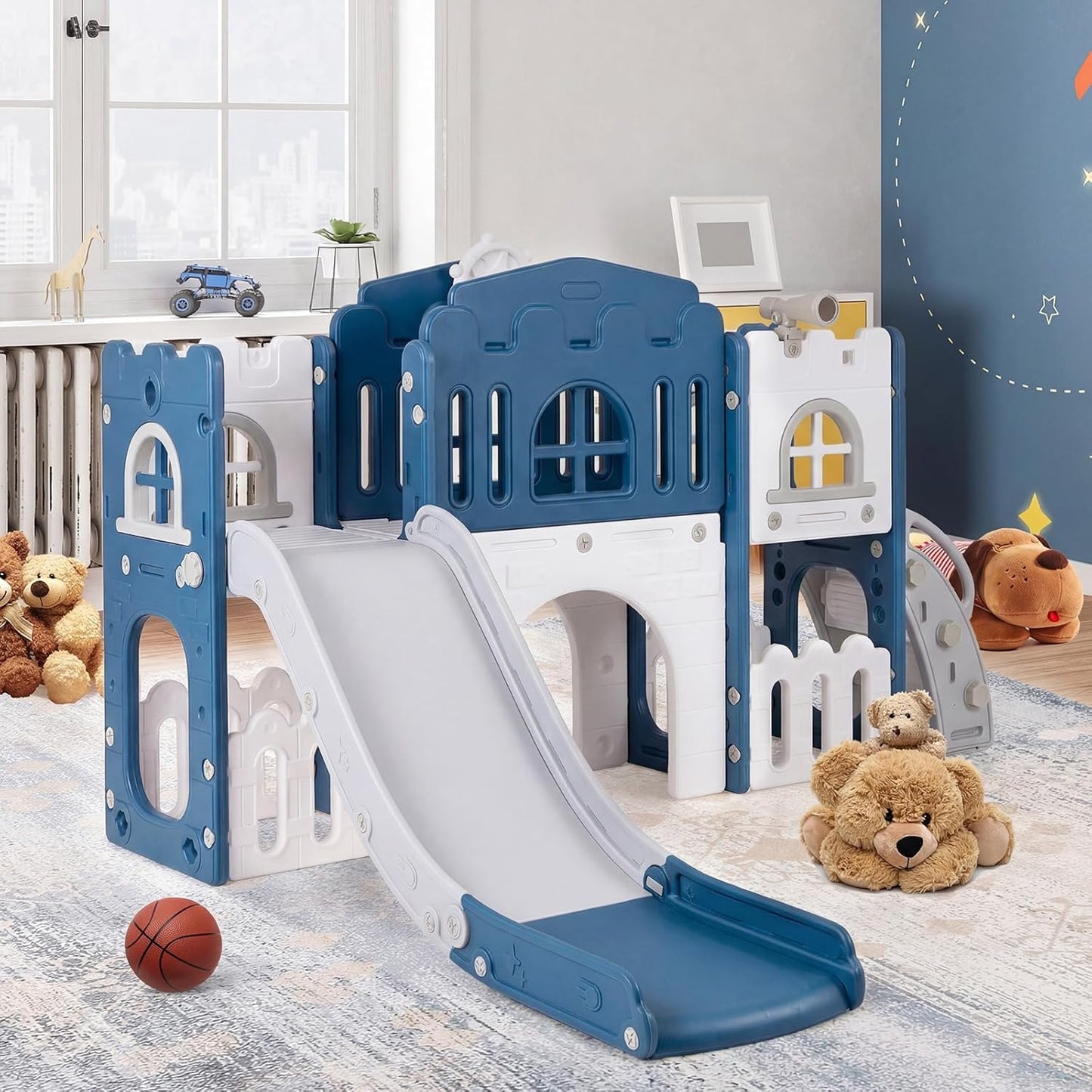 Costzon 8 in 1 Toddle Slide Playset, Freestanding Kids Slide w/Tunnel, Basketball Hoop, Toddler Climber Slide Playset Indoor Playground for Kids 1-3 w/Storage Space, Gifts for Boys Girls (Blue)