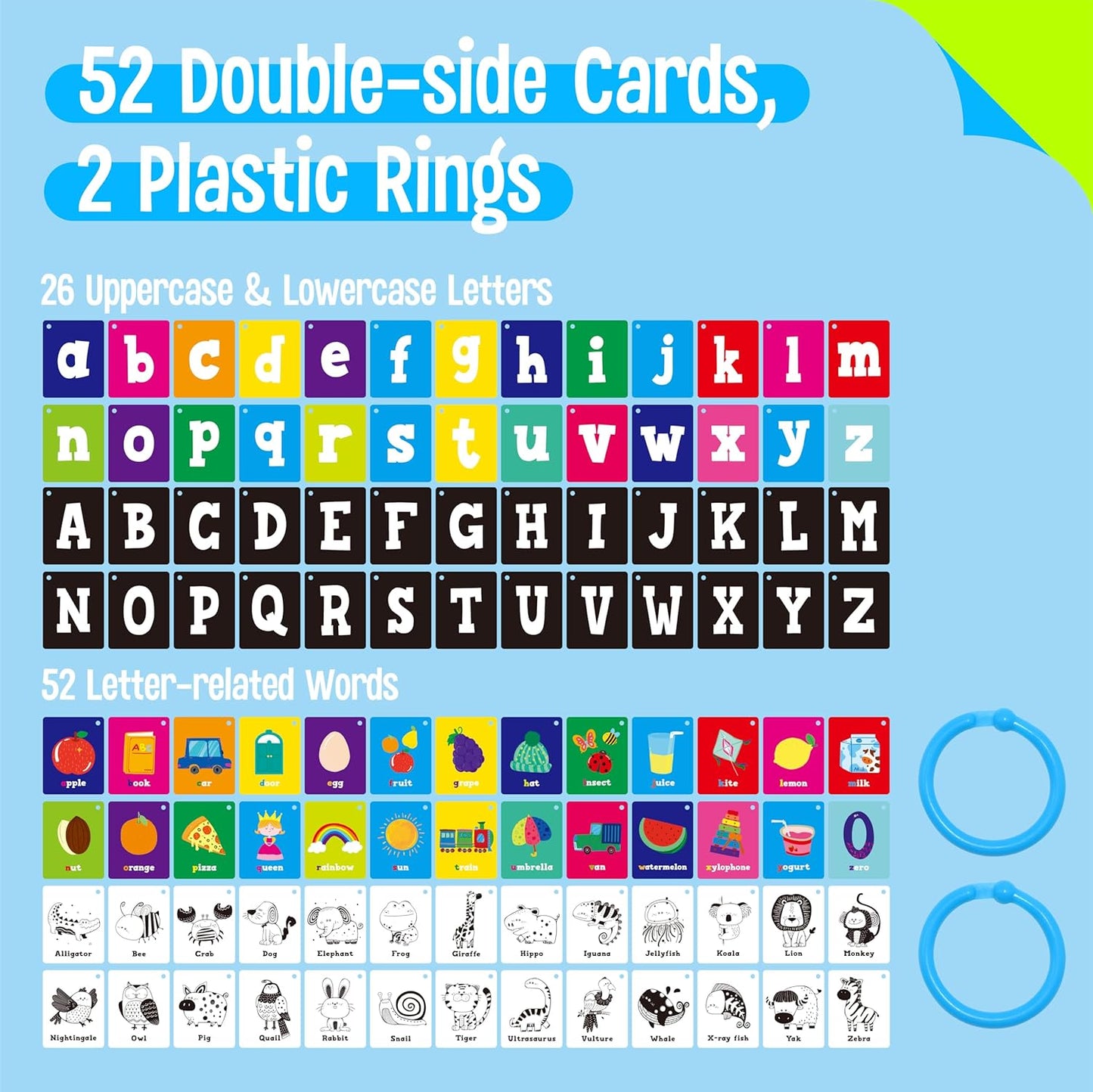 50 PCS Kid First Cognitive Flashcards,Double Sided Printed 7 in 1 Colorful Cards Alphabet,Numbers, Foods,Animals,Shapes,Colors with 3 Reclosable Rings,Learning Tool for Pre-K Kindergarten Toddlers