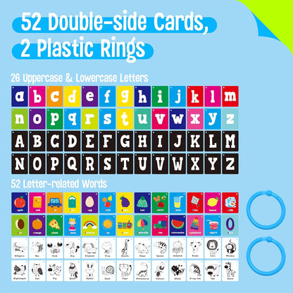 50 PCS Kid First Cognitive Flashcards,Double Sided Printed 7 in 1 Colorful Cards Alphabet,Numbers, Foods,Animals,Shapes,Colors with 3 Reclosable Rings,Learning Tool for Pre-K Kindergarten Toddlers