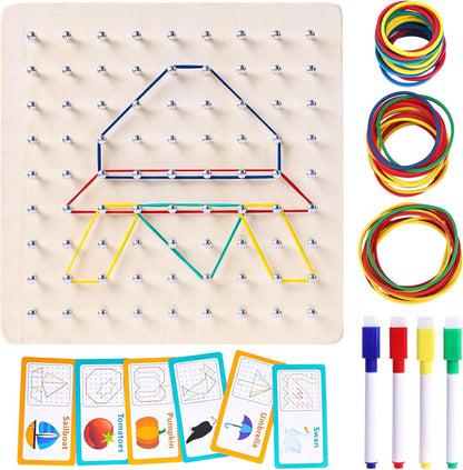 LovesTown Wooden Geoboard Montessori Toys for Kids Graphical Geo Board with Rubber Bands Educational Brain Teaser Toys for Boys Girls