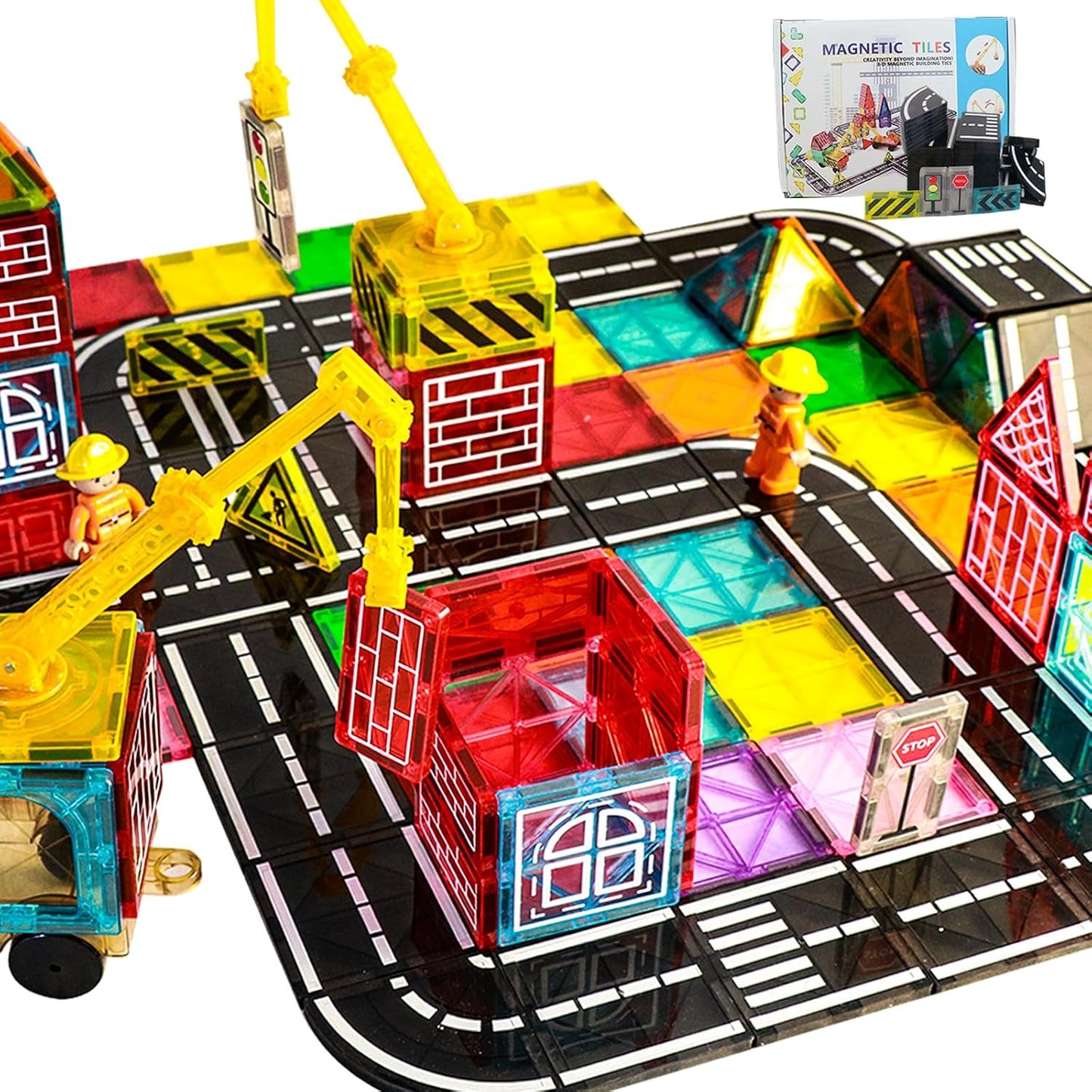 Magnetic Tiles Road Set, Magnet Tiles for Kids Ages 3-5 4-8 5-7, Magnetic Building Blocks Montessori Educational STEM Creativity Toys 3+ Year Old Boys & Girls Toddlers Kids Christmas Birthday Gifts