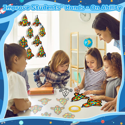 32 Sets Outer Space Suncatchers Craft Kit DIY Window Stained Glass Effect Planet Astronaut Alien Paper Crafts Home School Classroom Decoration Kid Birthday Gift Creative Art Project Activity Game - Colors A