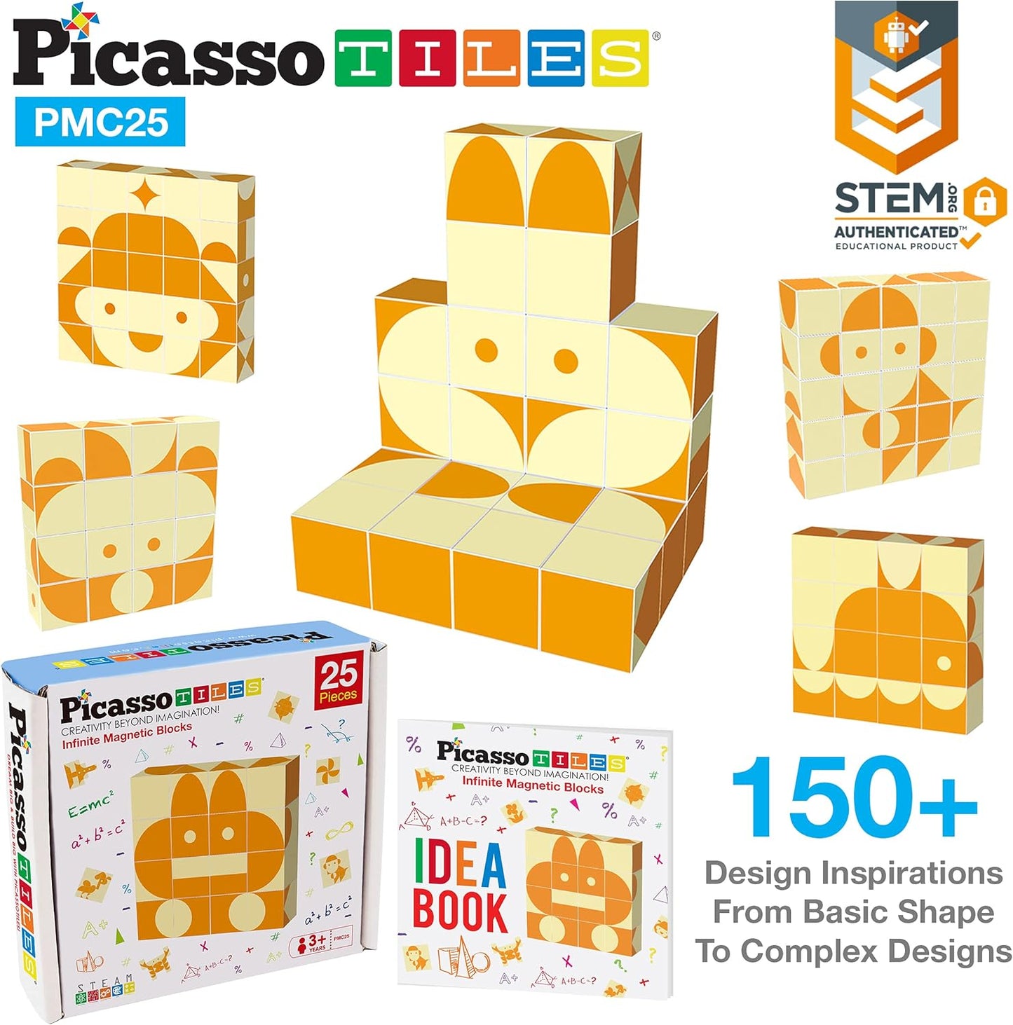 PicassoTiles Magnetic Puzzle Cube Pattern + Expression, 25pc Magic Cube Puzzles Brain Teaser Set, 8 Piece Mix & Match Magnet Construction Building Block Toy Set 36 Creative Emotion Game Card Included
