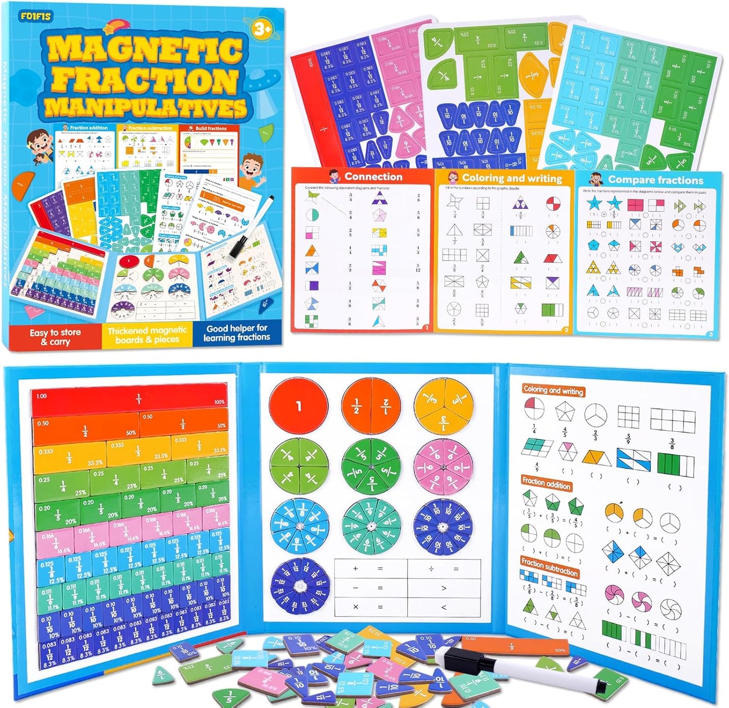 Magnetic Fraction Educational Puzzle, Magnetic Fraction Demonstration Book, Fraction Tiles & Circles, Montessori Math Manipulatives for Elementary School, Fraction Learning Toys for Kids