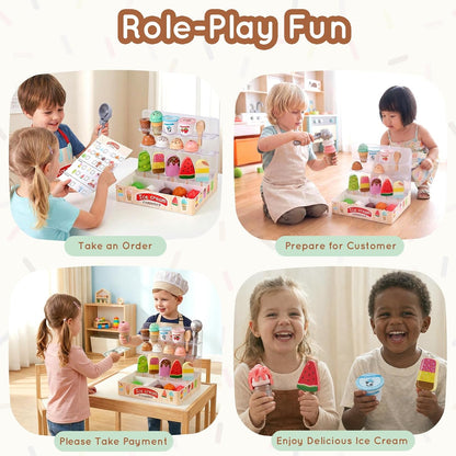 Ehome Wooden Ice Cream Toys Set Pretend Play Food Store for Kids Serve Ice Cream Counter Shop Kitchen Playset with Lucky Wheel, Scoop, Menu, Fake Money for Boys and Girls Ages 3 4 5 6 Birthday Gift