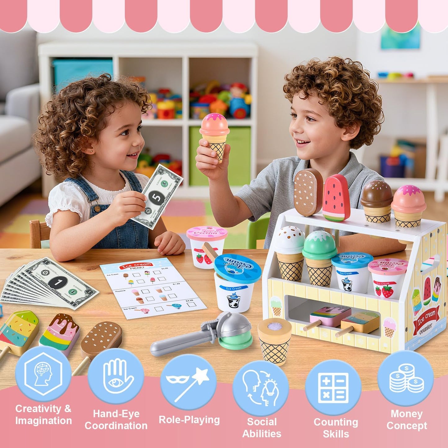 Mini Wooden Ice Cream Toys for Kids Pretend Play Kitchen Food Toys, Counter Shop Playset for Toddlers with Scoop & Menu & Fake Money for 3 4 5 6 Year Old Girls Boys Christmas Birthday Gifts
