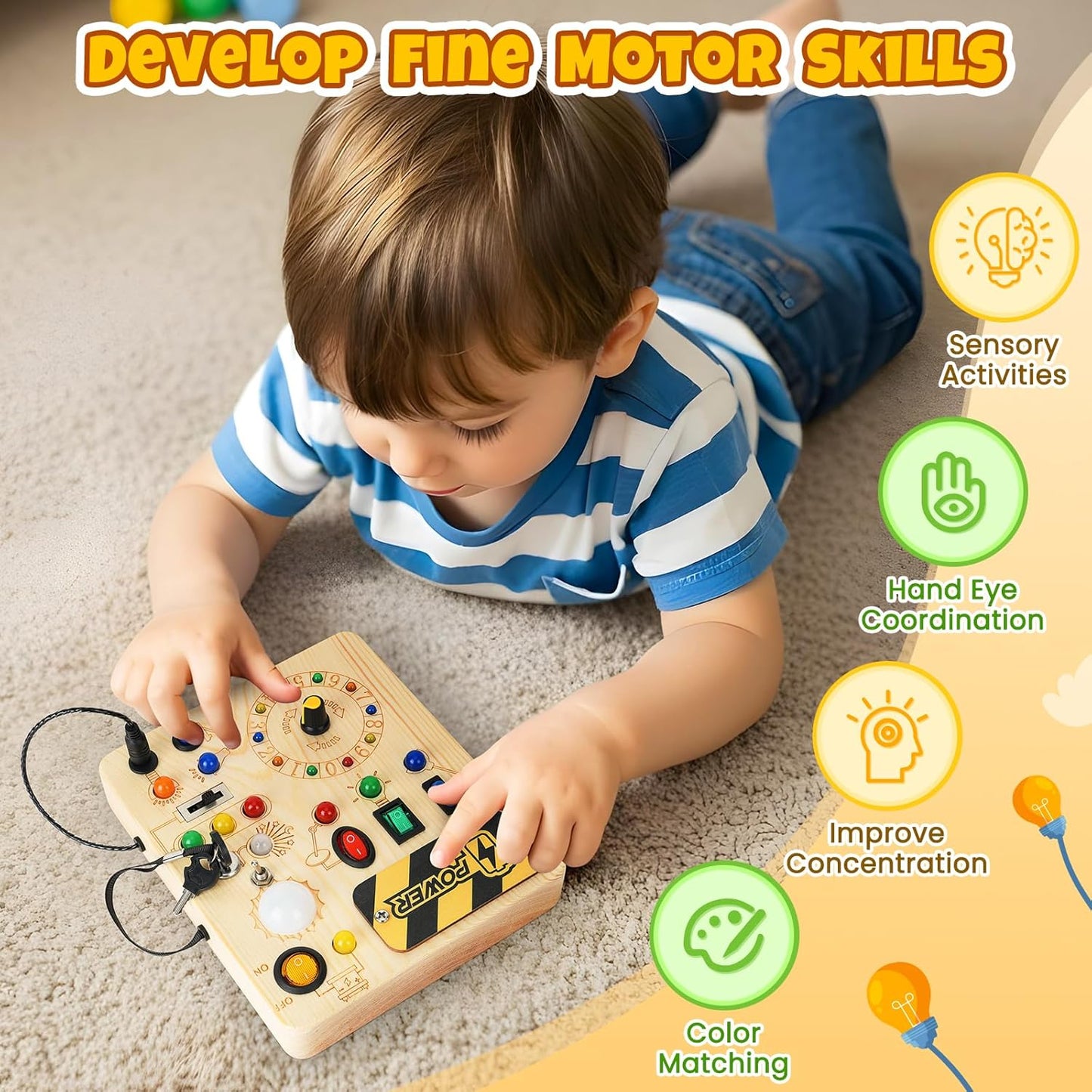 Busy Board with Led Light, Montessori Toys for 1-3 Years Old Boys Girls Wooden Toddler Toys Birthday Gift Educational Toys for 1+ Year Old, Toddler Travel Toy Sensory Toys for Kids with Autism